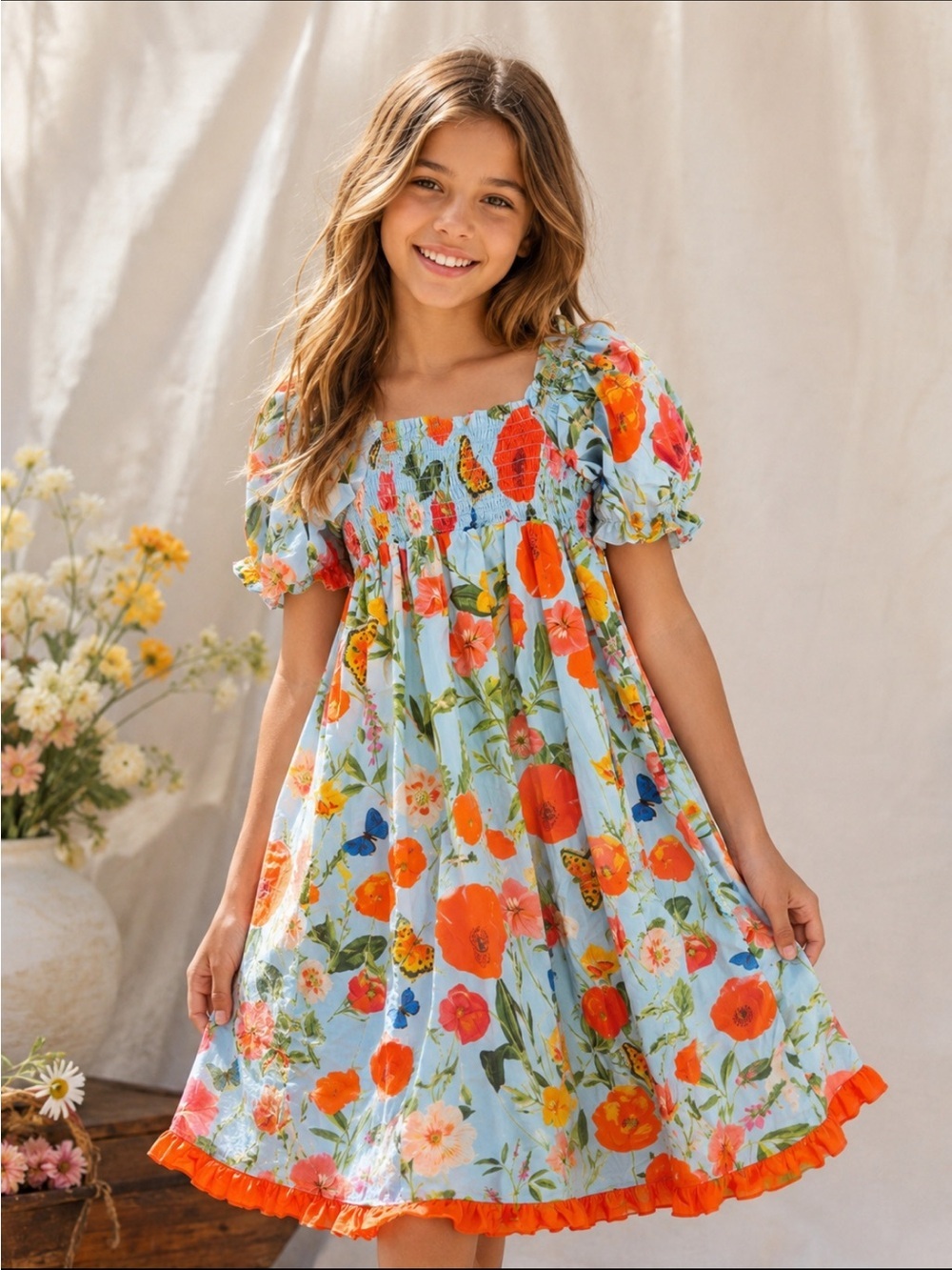 Cara Cara Girls Floral Puff Sleeve Smocked Dress Blue Orange 12 8001